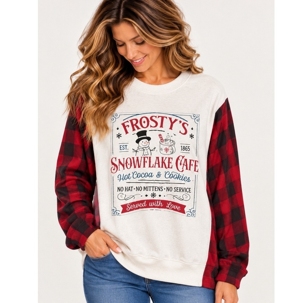 Upcycled Frosty's Snowflake Cafe Graphic Sweatshirt 2X White Red Plaid Christmas